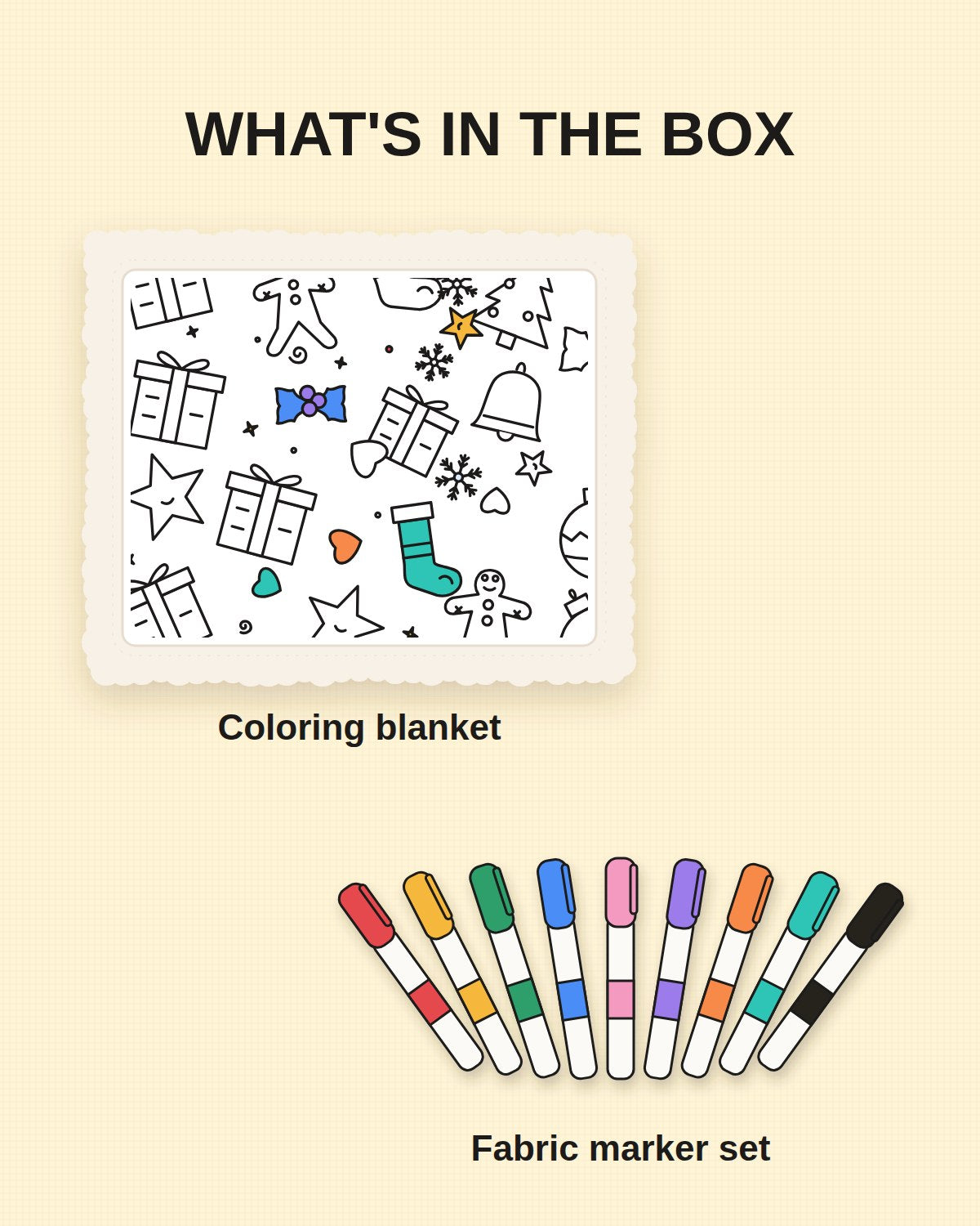 What's in the box: coloring blanket and fabric marker set