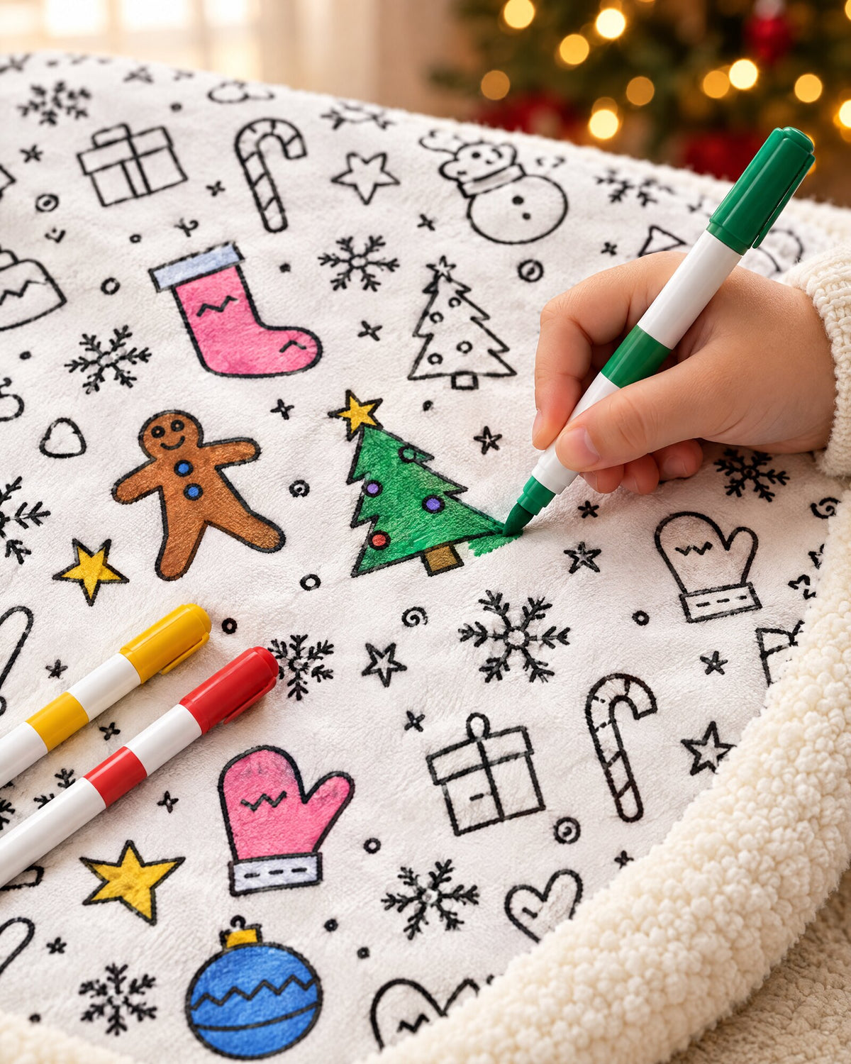 Close-up of fabric marker coloring a Christmas tree doodle on soft velvet with sherpa edge