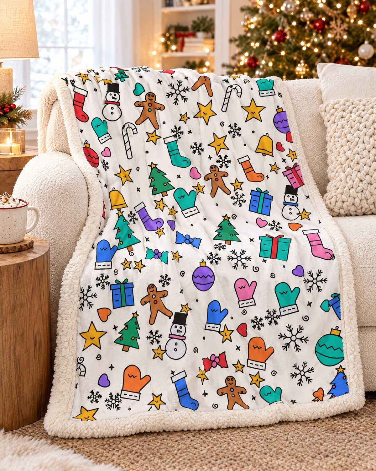 Fully colored Blankydoodle blanket draped over a sofa