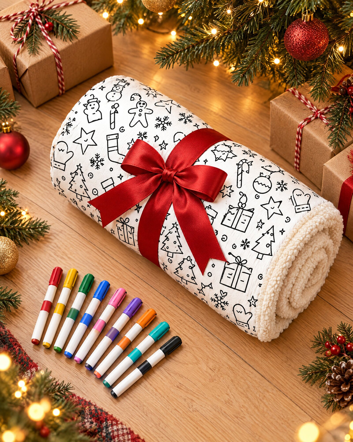 Coloring blanket rolled with a red ribbon as a Christmas gift with markers